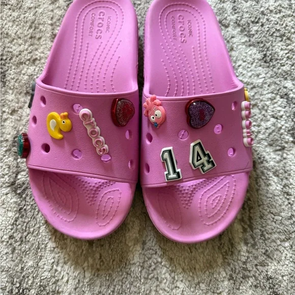 CROCS | Shoes | Crocs Pink Slide Sandals With Fun Charms  display picture 1